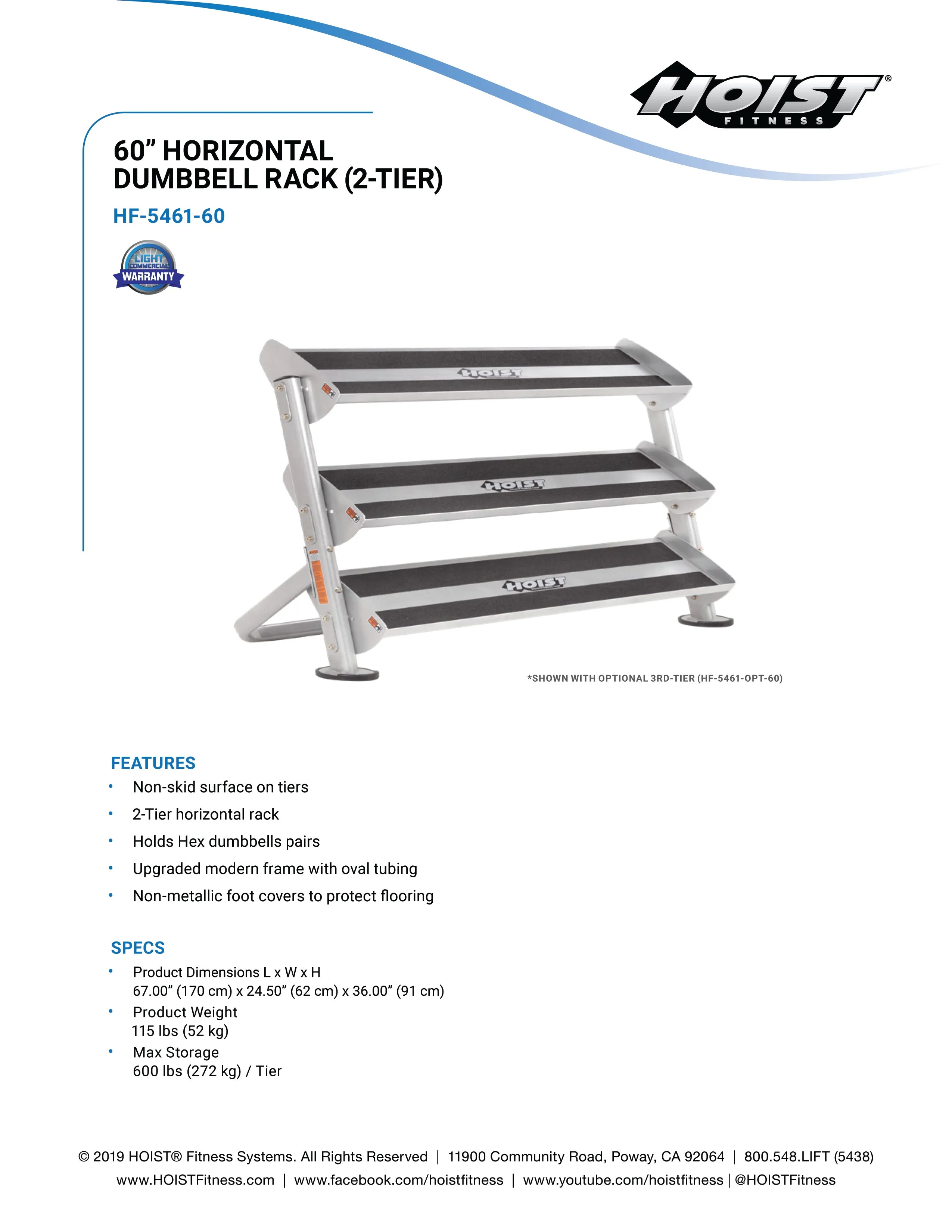 Hoist 60" 2-Tier Dumbbell Rack w/ Optional 3rd Tier (HF-5461-60)