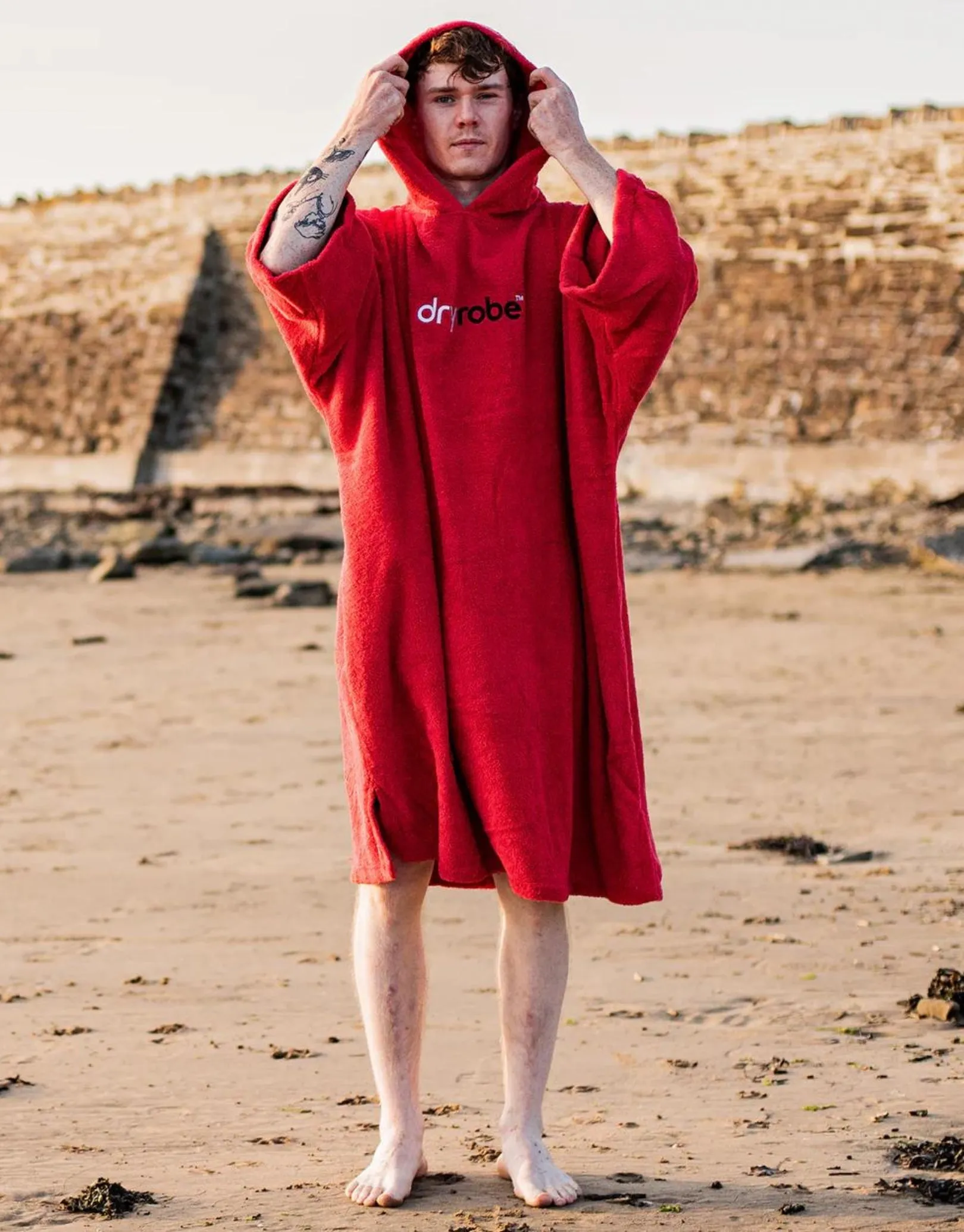 Organic Cotton Short Sleeve Adult Towel Poncho - Red